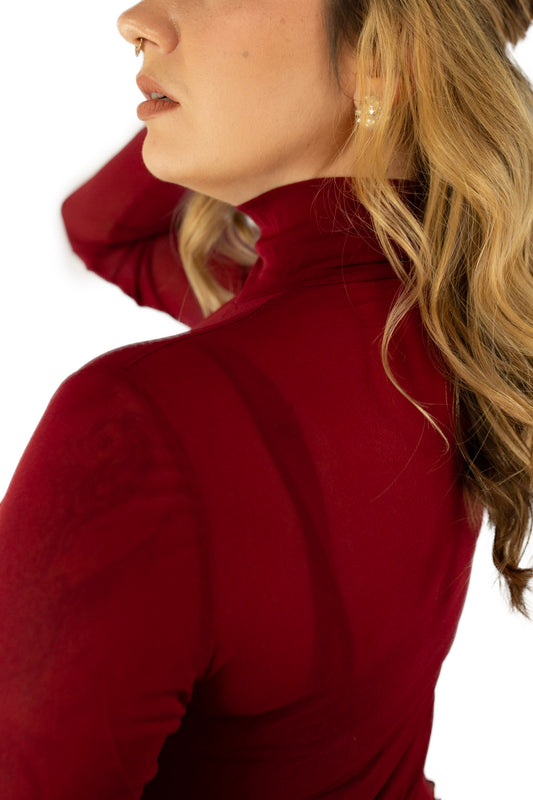 Slim Fit Solid Mesh Long Sleeve Stand Collar Blouse