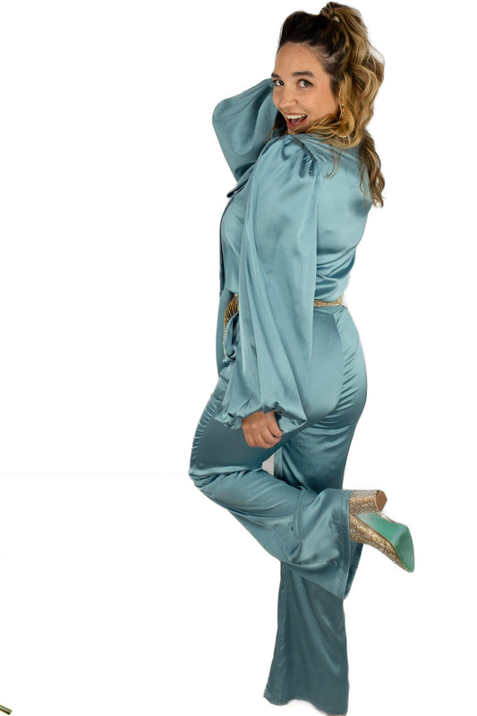 Satin Bowtie Blouse & Wide Pants Set