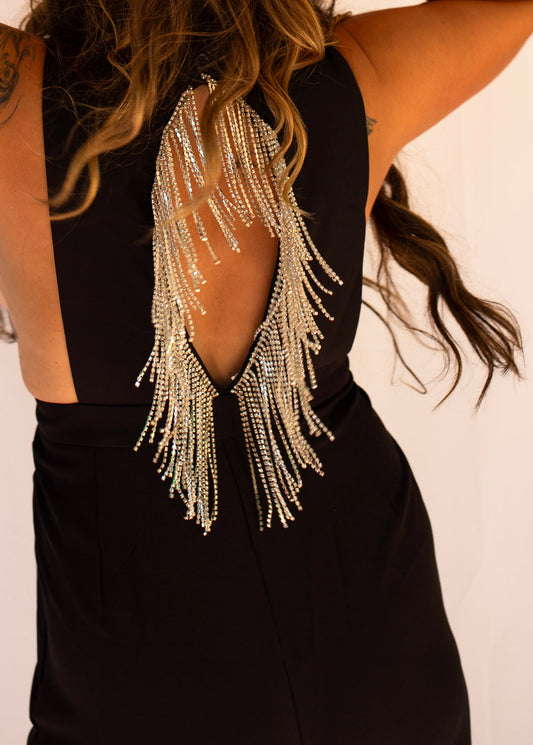 Hanging Rhinestone Tasseled V-Neck Jumpsuit