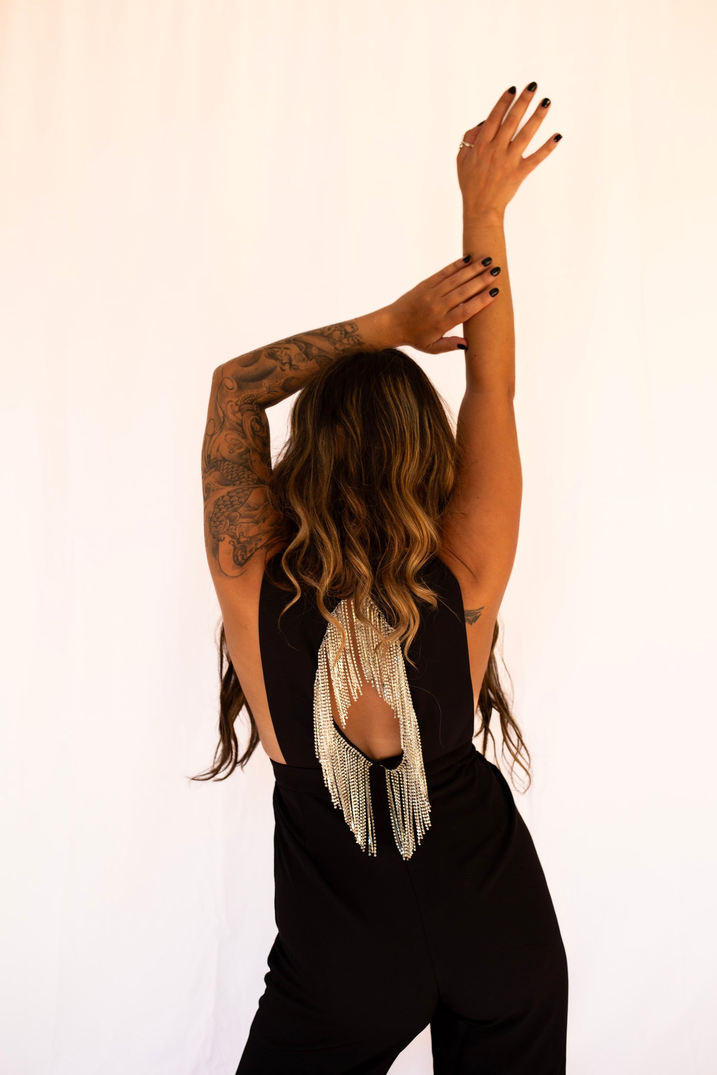 Hanging Rhinestone Tasseled V-Neck Jumpsuit