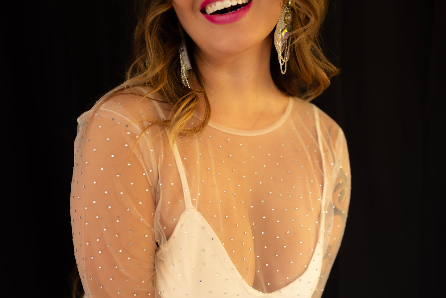 Mesh Rhinestone Studded Shift Mini Dress