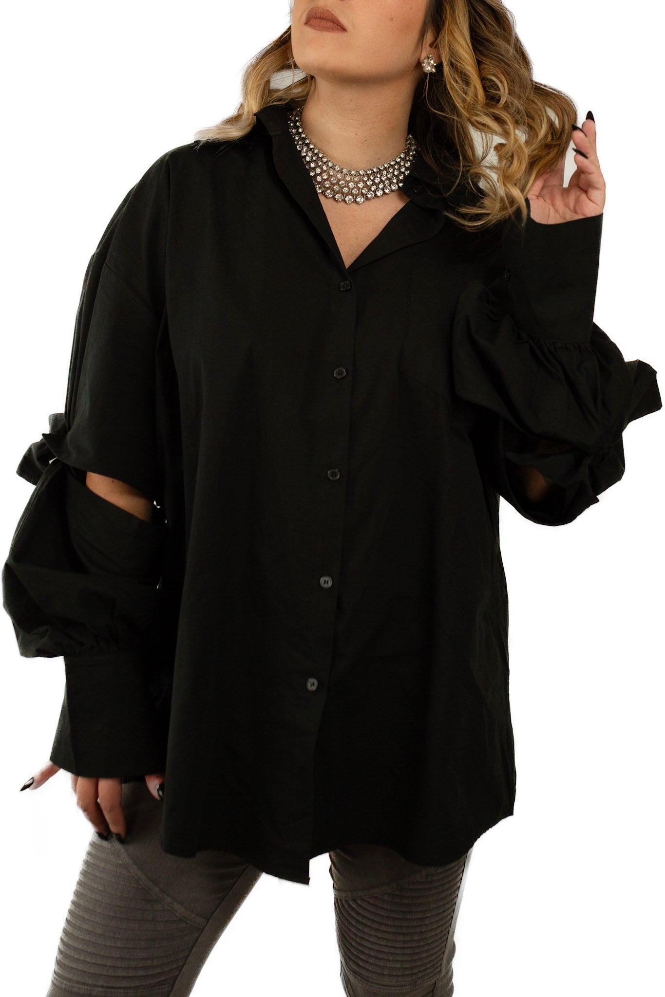 Cutout Elbow Tie Details Long Shirt