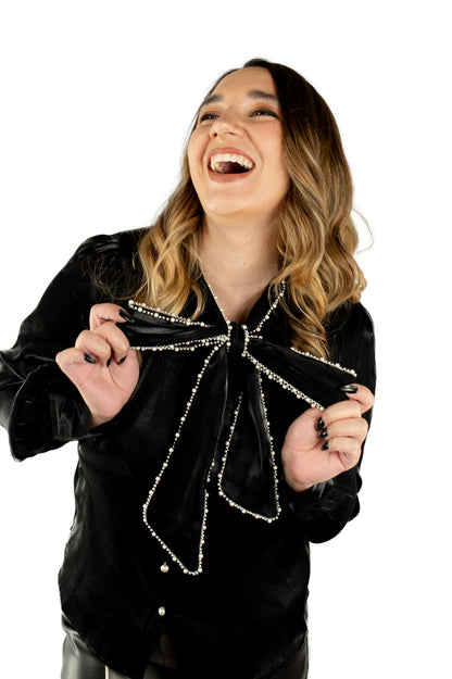 Glossy Bow Tie Blouse With Pearl Trim