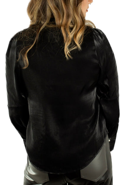 Glossy Bow Tie Blouse With Pearl Trim