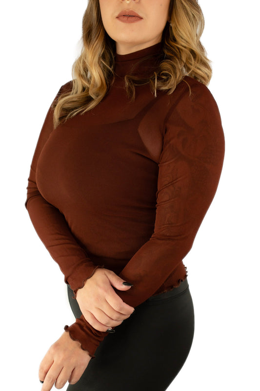 Brown Slim Fit Solid Mesh Long Sleeve Stand Collar Blouse