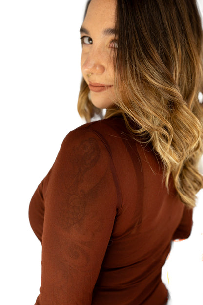 Slim Fit Solid Mesh Long Sleeve Stand Collar Blouse