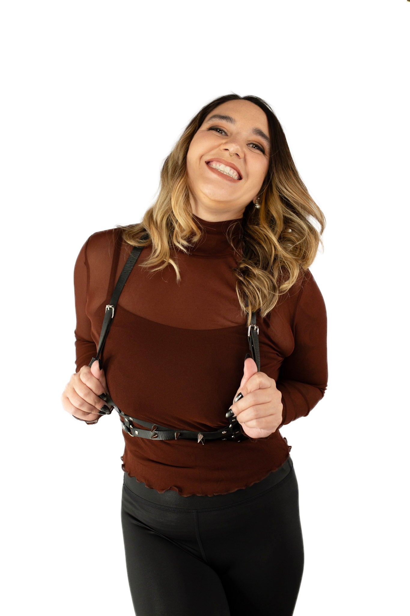 Brown Slim Fit Solid Mesh Long Sleeve Stand Collar Blouse