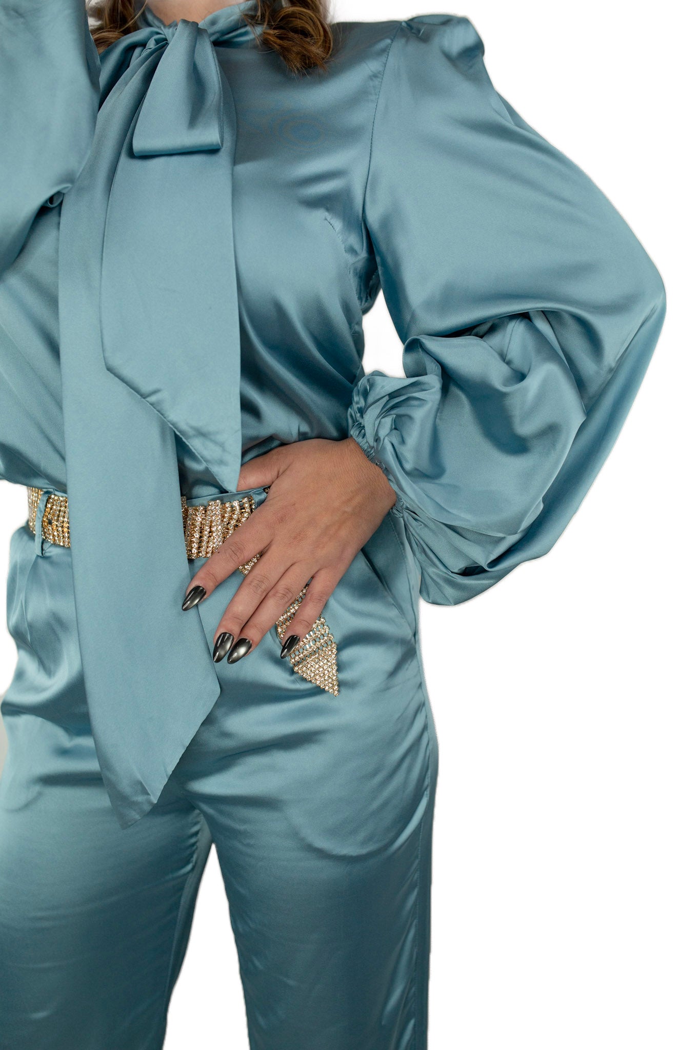 Satin Bowtie Blouse & Wide Pants Set