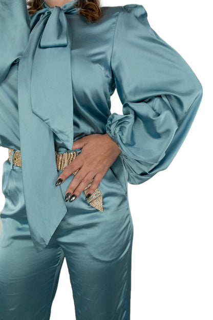 Satin Bowtie Blouse & Wide Pants Set