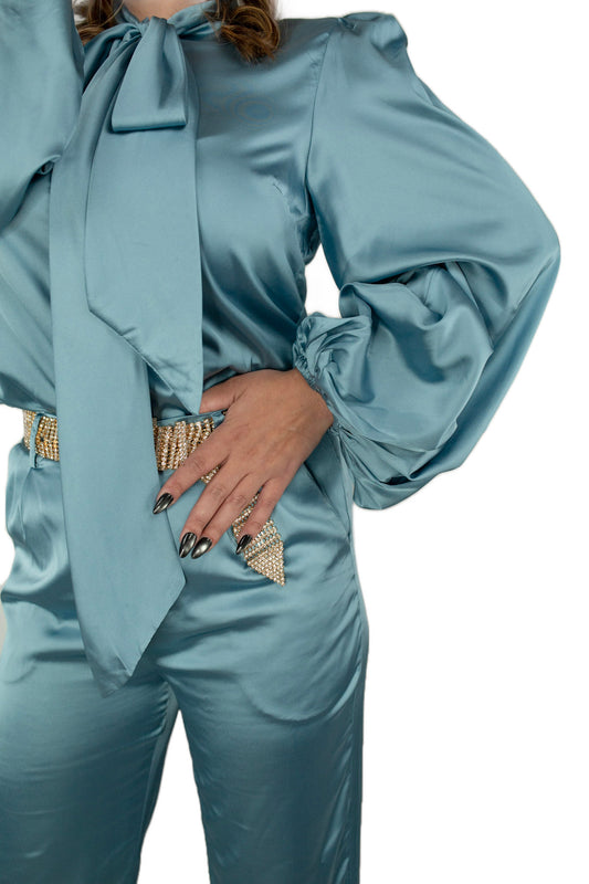 Satin Bowtie Blouse & Wide Pants Set