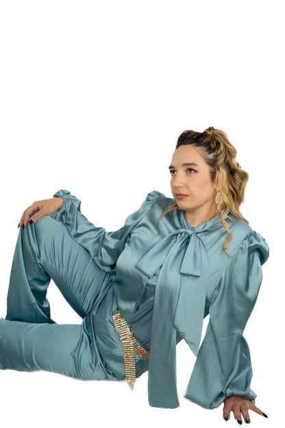 Satin Bowtie Blouse & Wide Pants Set