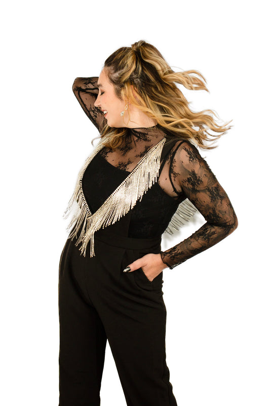 Hanging Rhinestone Tasseled V-Neck Jumpsuit