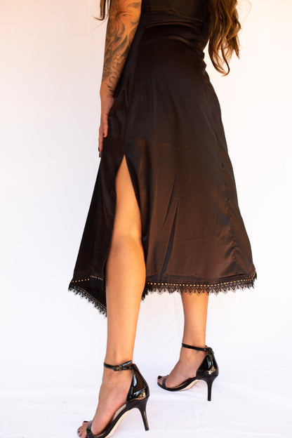 Black Asymmetrical Satin Studded Lace Midi Dress