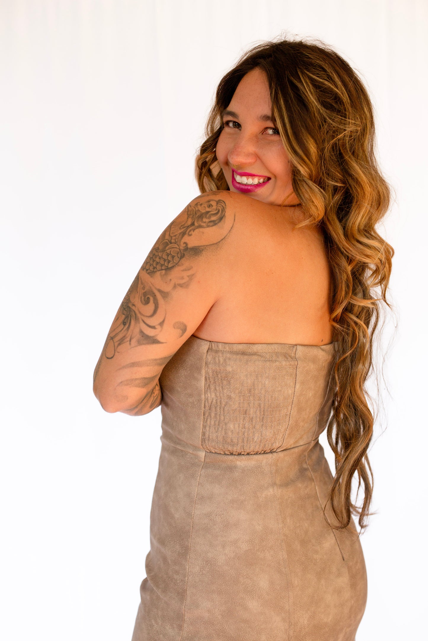 Washed PU Tube Fitted Midi Dress
