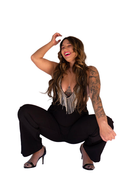 Hanging Rhinestone Tasseled V-Neck Jumpsuit